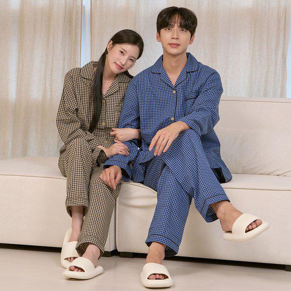 ピエール長袖パジャマ 男女共用 カップル チェック ツーピース ホームウェア パジャマ 4色