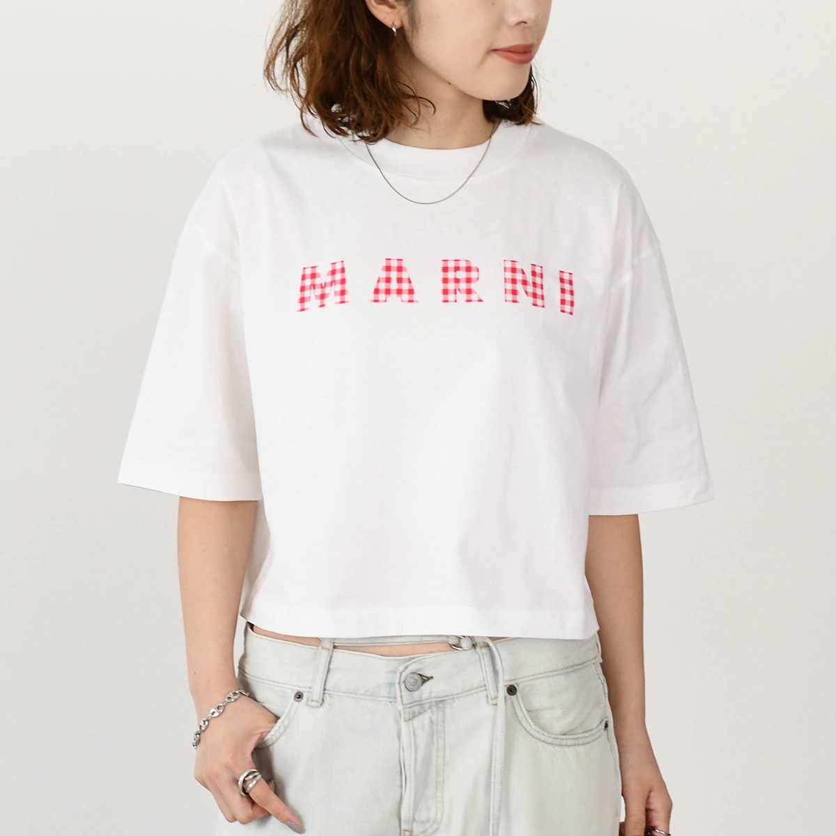 Tシャツ トップス THJE0333P6 USCX52 レディース アイボリー ホワイト ジャージーコットン チェック ロゴT クロップド丈 半袖 春夏