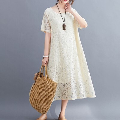 ワンピース フレアワンピース ロング丈 袖あり 5分袖 ラウンドネック レース 透け感 可愛い きれいめ シンプル カジュアル 上品 おしゃれ かっこいい 可愛い 女子 こなれ感