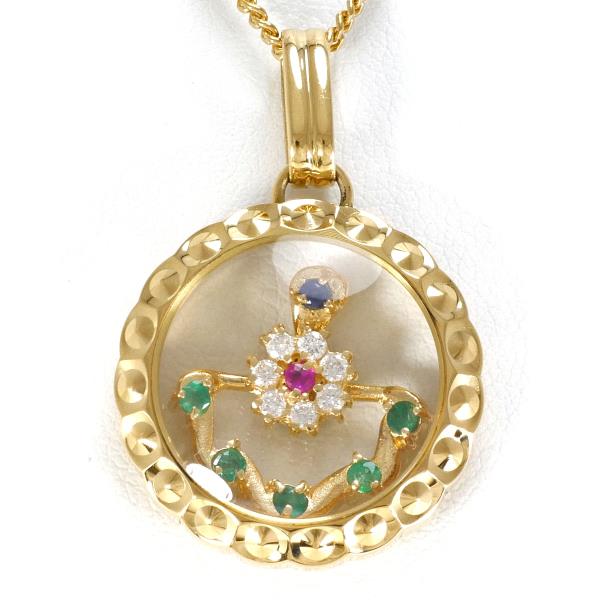 K18 18金 YG ネックレス エメラルド ルビー サファイア ダイヤ 鑑別書 ジュエリー 中古