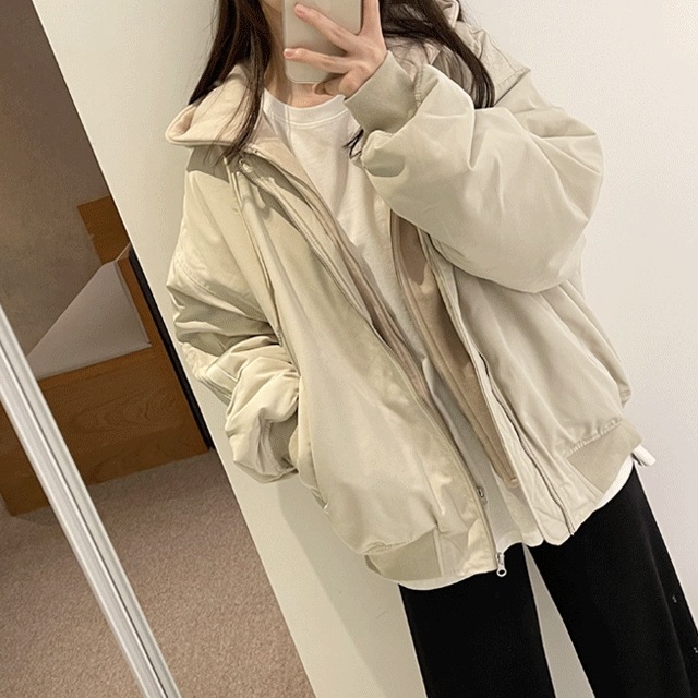 [4オンス詰め物] ツーウェイ 起毛フードジップアップ ショートダウン(3color)-jp(男女共用カップルルックおすすめ~!)