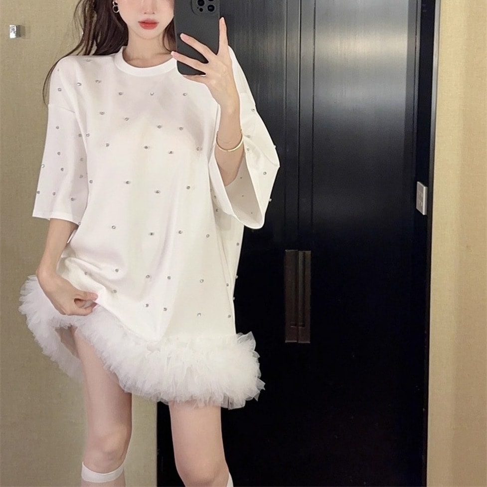 ワンピース ミニワンピース オーバーワンピース 裾ボアワンピース ドットストーンワンピース クルーネック 7分袖 ショート丈 ミニワンピ ミニドレス オーバーサイズ ビッグシルエット ビジュー ドット