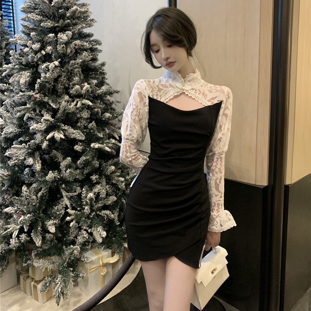 ドレス パーティードレス チャイナドレス ミニ丈 長袖 スタンドカラー Iライン 切り替えデザイン レース ハイウエスト 透け感 かわいい 大人可愛い きれいめ シンプル 大人 上品 おしゃれ