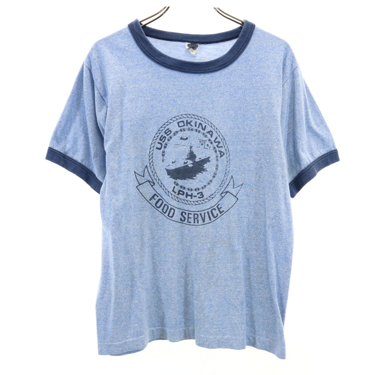 80s 90s オールド 半袖 リンガー Tシャツ ブルー トリム メンズ 古着