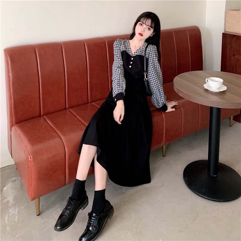 切り替えデザインワンピース ワンピース 膝下 ミモレ ミモレ丈 長袖 Vネック フレア かわいい