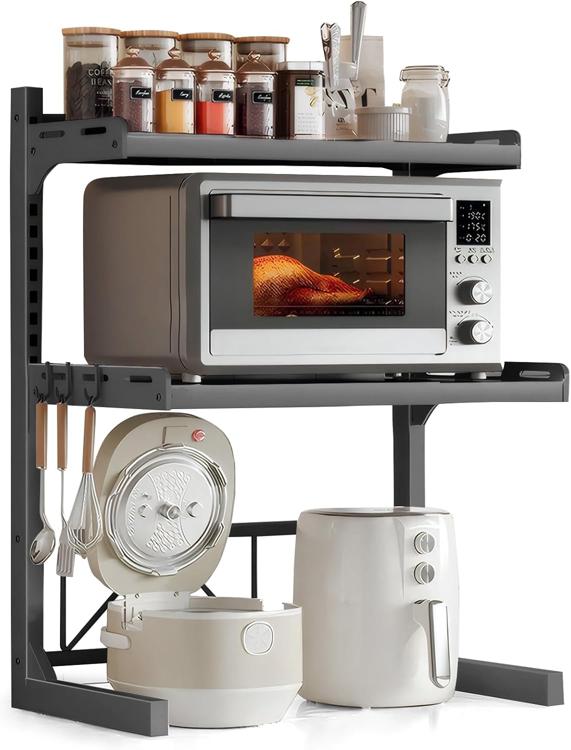 BLACK BADGER レンジラック 3段式 幅は41~60cm伸縮可能 棚板高さ調節可 キッチンラック 電子レンジ ラック キッチン 収納 棚 レンジ上ラック L字 耐荷重30kg カーボンスチー