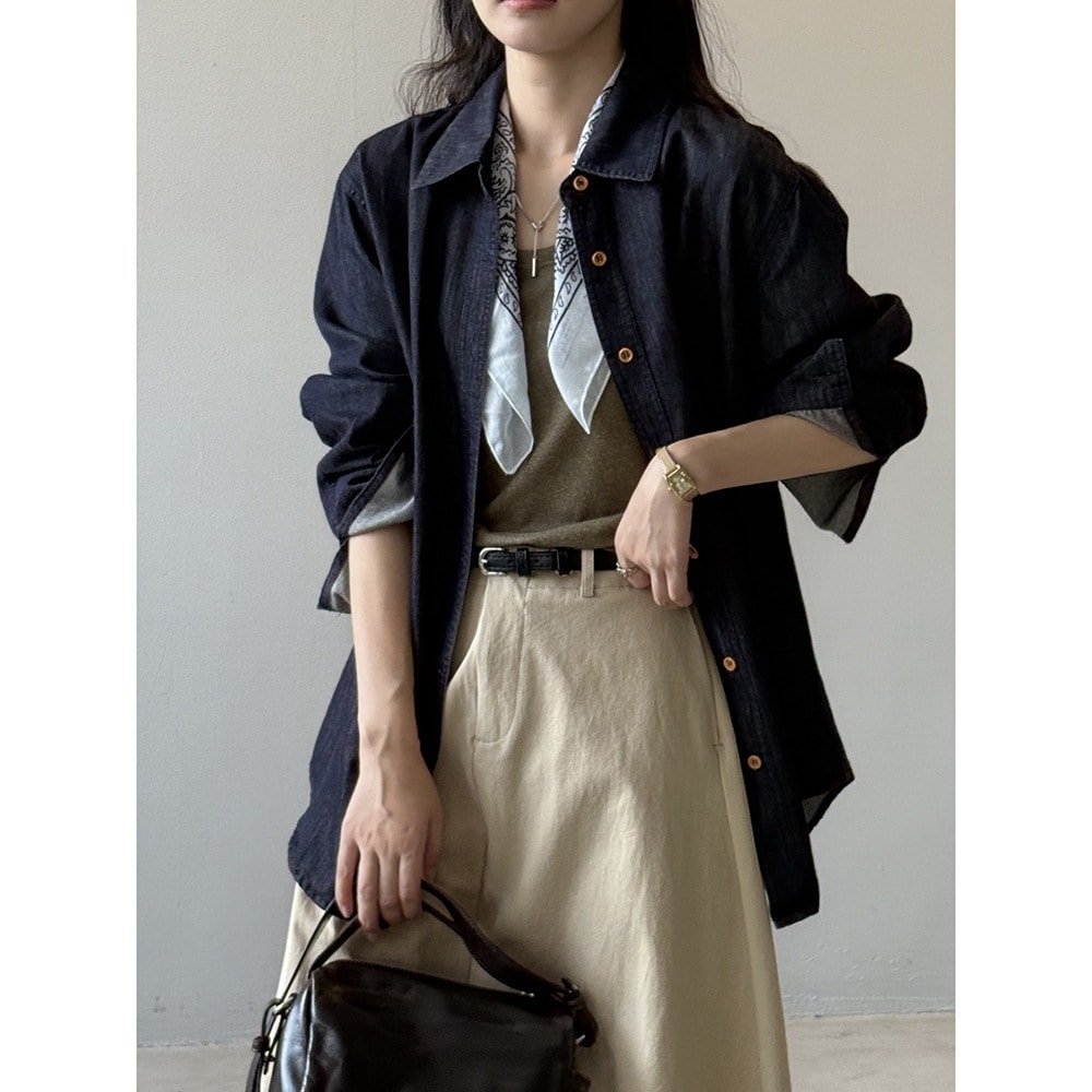 レトロ香港スタイルデニム長袖シャツ + ベストスーツ女性の秋のルーズトップ 2 点セット H2873