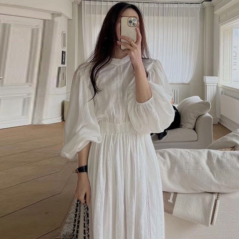 デザイン　体型カバー　パフスリープ　ロングワンピおしゃれ