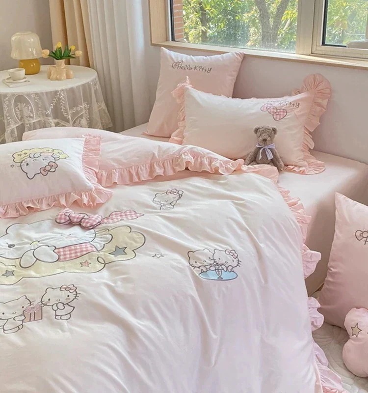 0 カウント ハローキティ コットン ウォッシュド コットン 刺繍入りキルト カバー 4 ピース コットン ベッド シーツ モデル ガール プリンセス 2m 5,272円