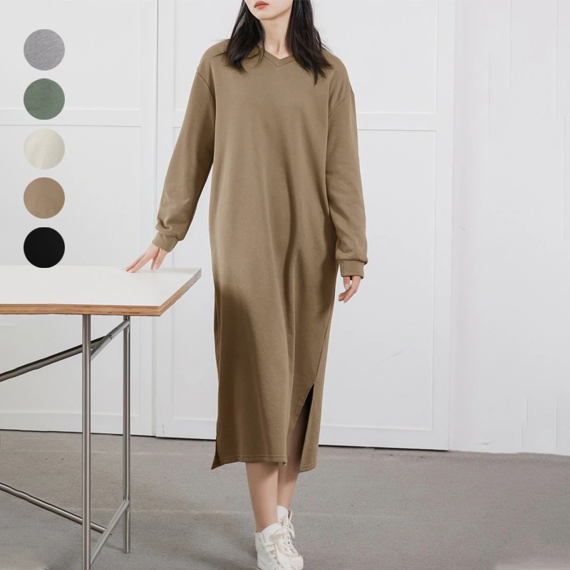 韓国ファッション 日系 ロング ワンピース 高級感 スウェット ワンピース 春秋 長袖 カジュアル ワンピース30%制限 4,738円