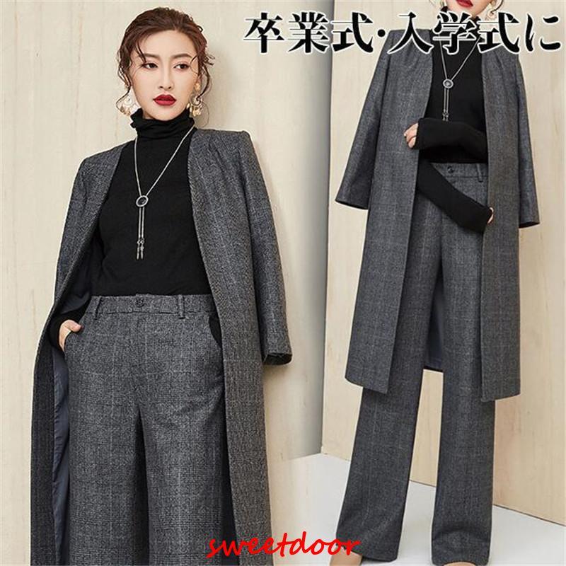 売れ スーツセット レディース パンツセット 事務服 チェック柄 ワイドパンツ ビジネススーツ ラシャ セレモニー 入学式 通勤OL オシャレ 着痩せ