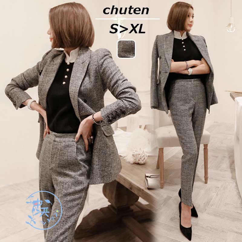 Hot!パンツスーツ 長袖ジャケット+パンツ スーツレディース ２点セット韓国風 マキシ丈パンツ テ