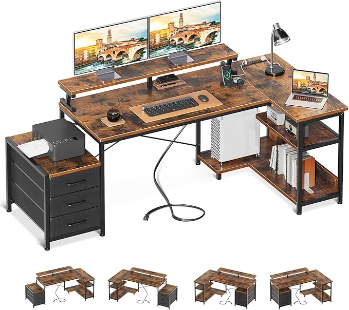 パソコンデスク 引き出し3杯付き ゲーミングデスク コンセント付き l字デスク デスク 机 幅184/146*80 pcデスク 棚付き エル字デスク 収納 コーナーデスク オフィスデスク 在宅勤務 仕