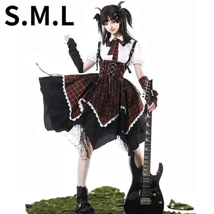 ロリータ ワンピース OP レディース ジャンパースカート ブラウス アームカバー チェック柄 ブラック×レッド 甘辛 ダークロリ 病みかわいい Y2K 地雷系 量型