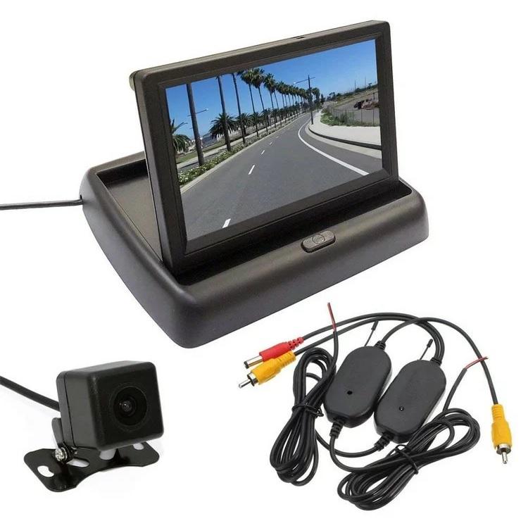 折り畳み式5インチフリップアップモニター ワイド画面 映像入力2系統 小型防水カメラと無線トランスミッターのお得な3点セット 12V専用 MOT50VTM50B021