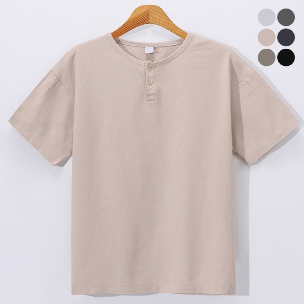 (Juans) クールリネンハーフオープンヘンリーネック半袖TシャツBDRT3255