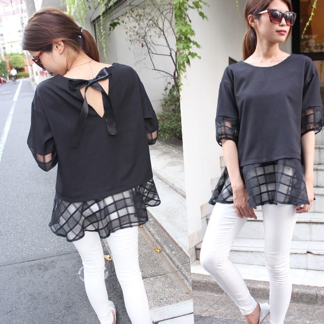 2336.バックリボン五分袖シフォンチュニック(ブラック) 2019 春夏 新作 大人 かわいい カジュアル シンプル OL 20代 30代 デート服 女子会 体型カバー 着やせ