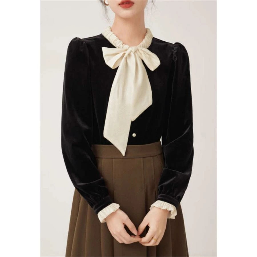 ボウタイブラウス 長袖ブラウス シャツ トップス 春 秋 冬 レディース おしゃれ かわいい シンプル 無地 上品 ベロア 配色 ボウタイ リボン OL 通勤