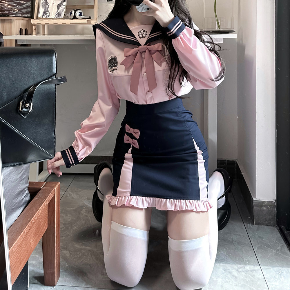 韓国JK制服カレッジ風スーツ長袖ライトピンクデザインヒップスカート