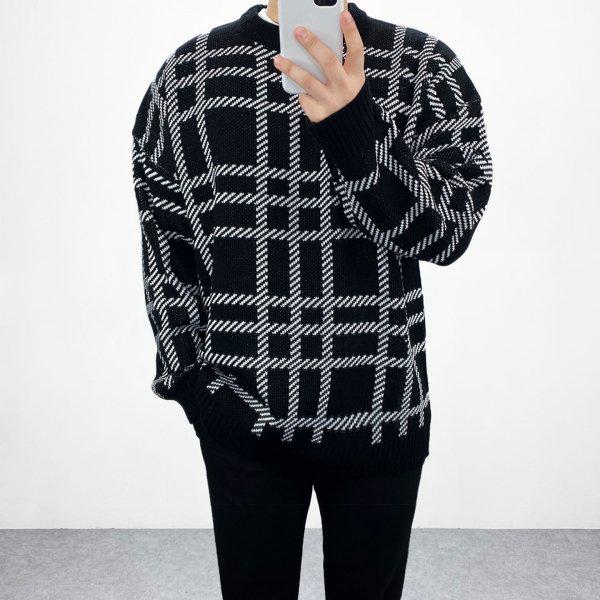 メンズ オーバーサイズ グレンチェック ラウンドボックス ニットTシャツ 3色