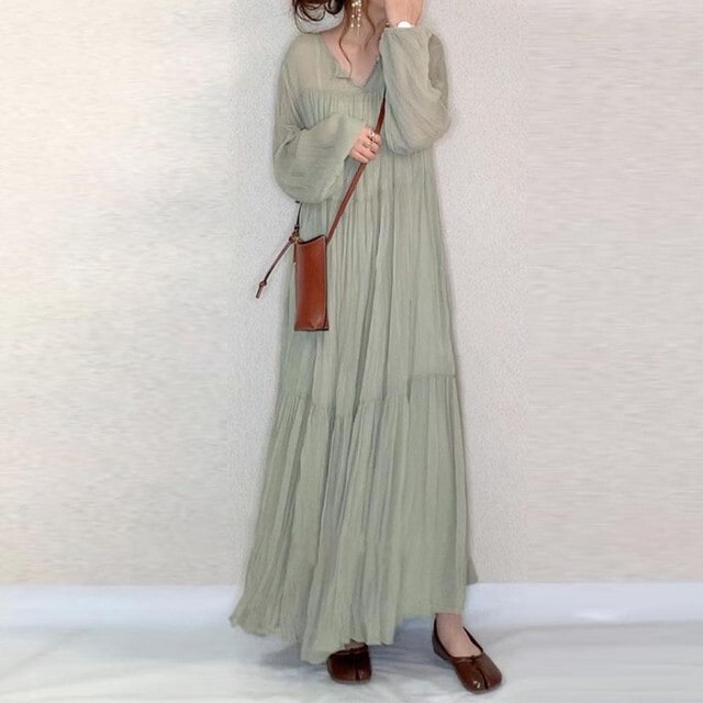 【送料無料】レディース Vネックスーパーフェアリープリーツワンピース ロングスリーブ ドレス