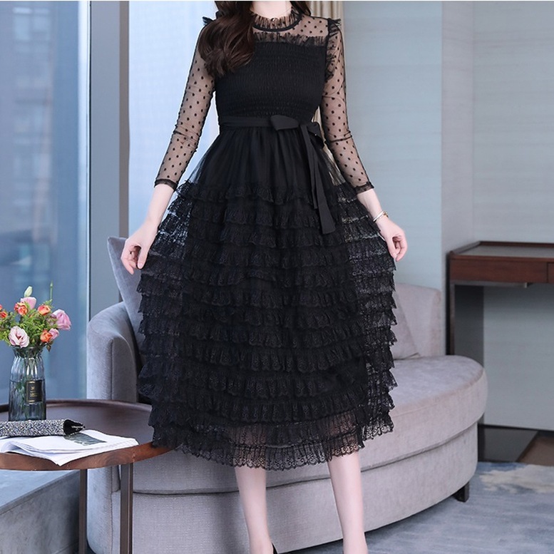 ワンピース ドレス レディース フリルワンピース ティアードワンピース ロング ミディアム 袖あり