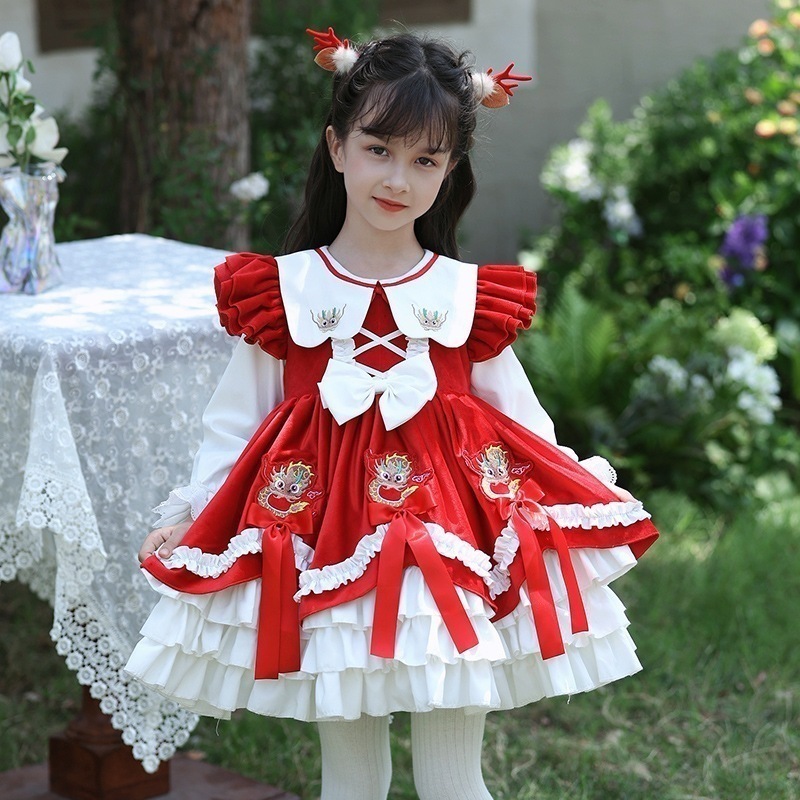 2025年春秋新作女児服辰年正月服赤いスカート子供ロリータロリータ刺繍ベルベットスカート