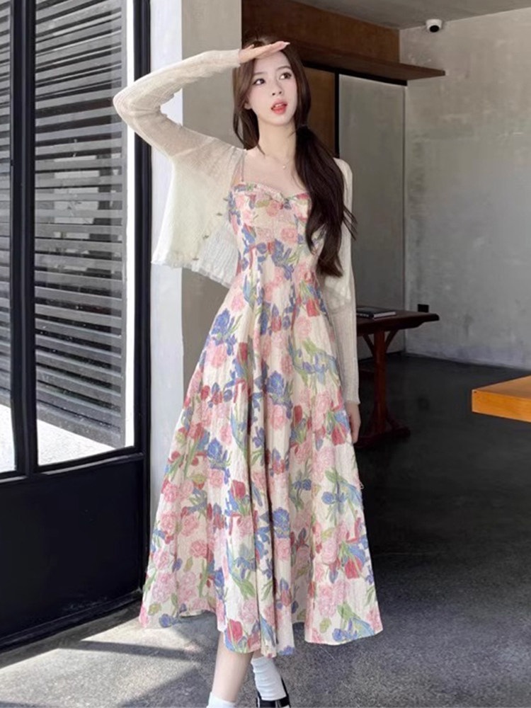 美しい雰囲気の花柄キャミソール春夏ユニークで美しいツーピースセットドレス