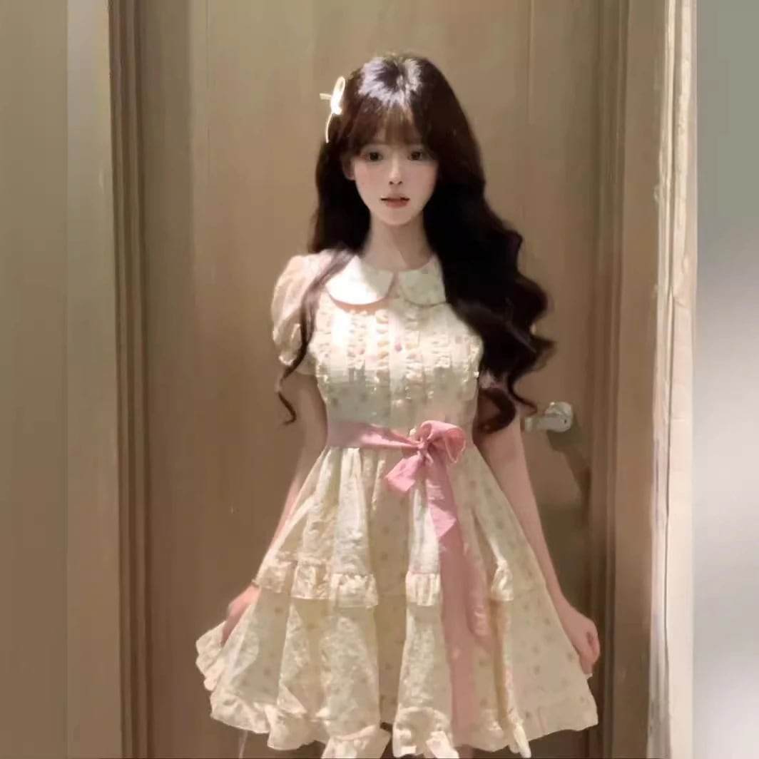 スウィートドールカラーの花柄ドレス女性用夏パフスリーブプチプリンセススカート牧歌的なふわふわスカート