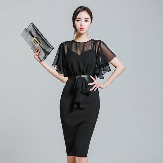 パーテイードレス ドレスワンピース きれいめワンピース ワンピース 女子会 食事会 フレアスリーブ 半袖 リボン 膝丈 タイト 春 夏 ブラックドレス ワインレッド 20代 30代 40代 新作 大き 6,867円