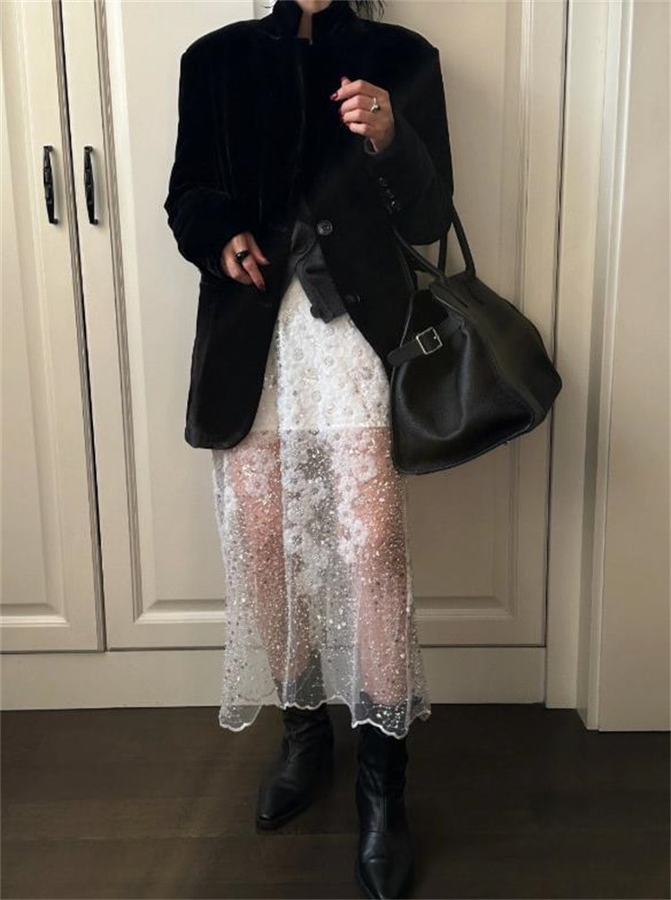 INSスタイル ロングスカート スパンコール ギャザリング 2024新作 Aライン ジェントルスタイル スカート 春 気質 レーヨン 快適である