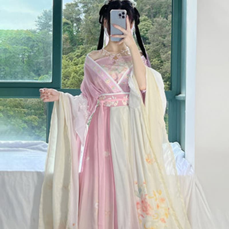 南北朝の元の漢服の女性の夏のスタイルの国民的なスタイルの古代の衣装スーパー妖精のクロスカラーの広い袖の流れの妖精の腰のスカートのスカートの大きな袖のシャツ