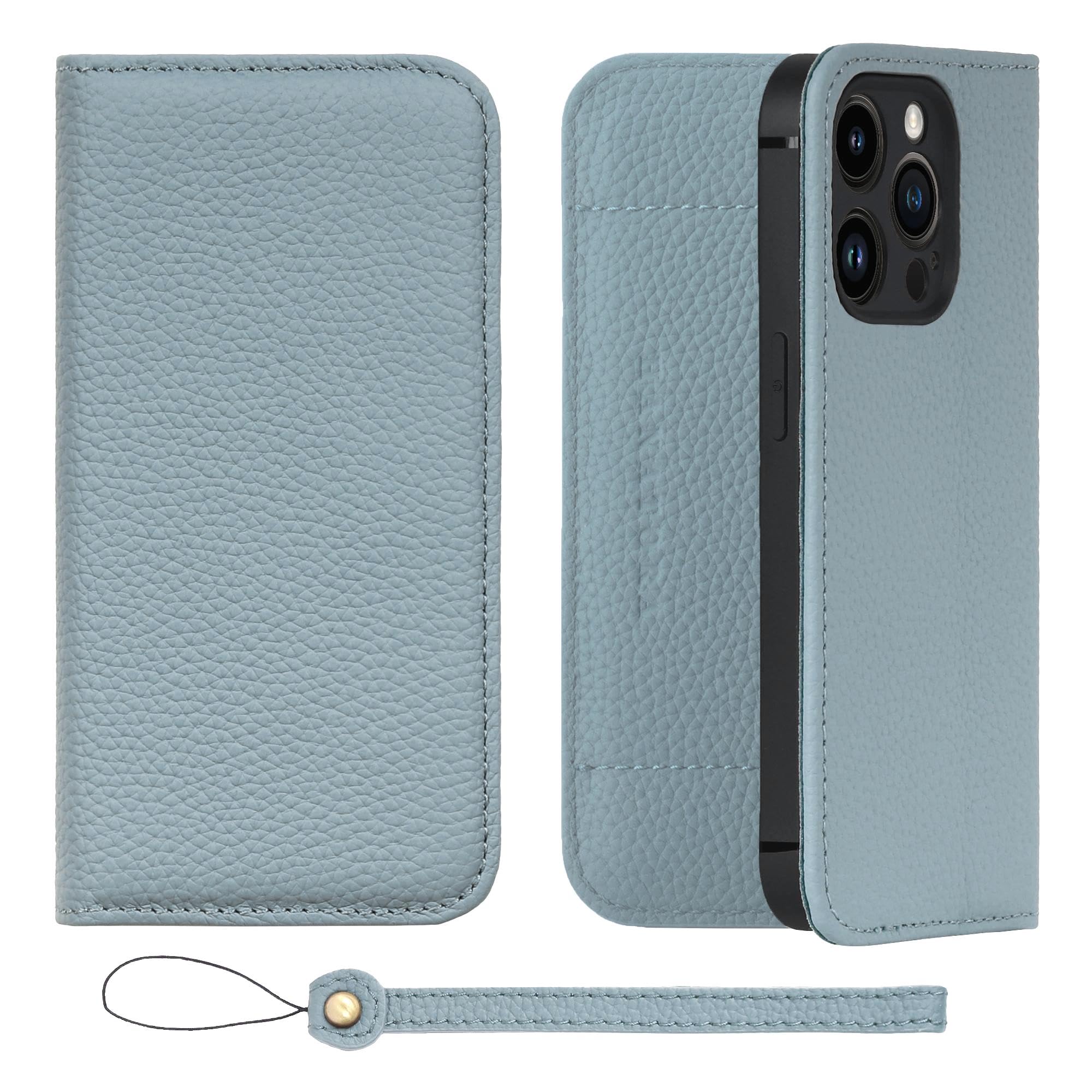 HANATORA iPhone15Pro ケース 手帳型 本革 スマホケース スマホ スタンド ストラップ 付き シュリンクカーフレザー ギフト ベルトなし マグネットなし ブルーグレー H1SPA