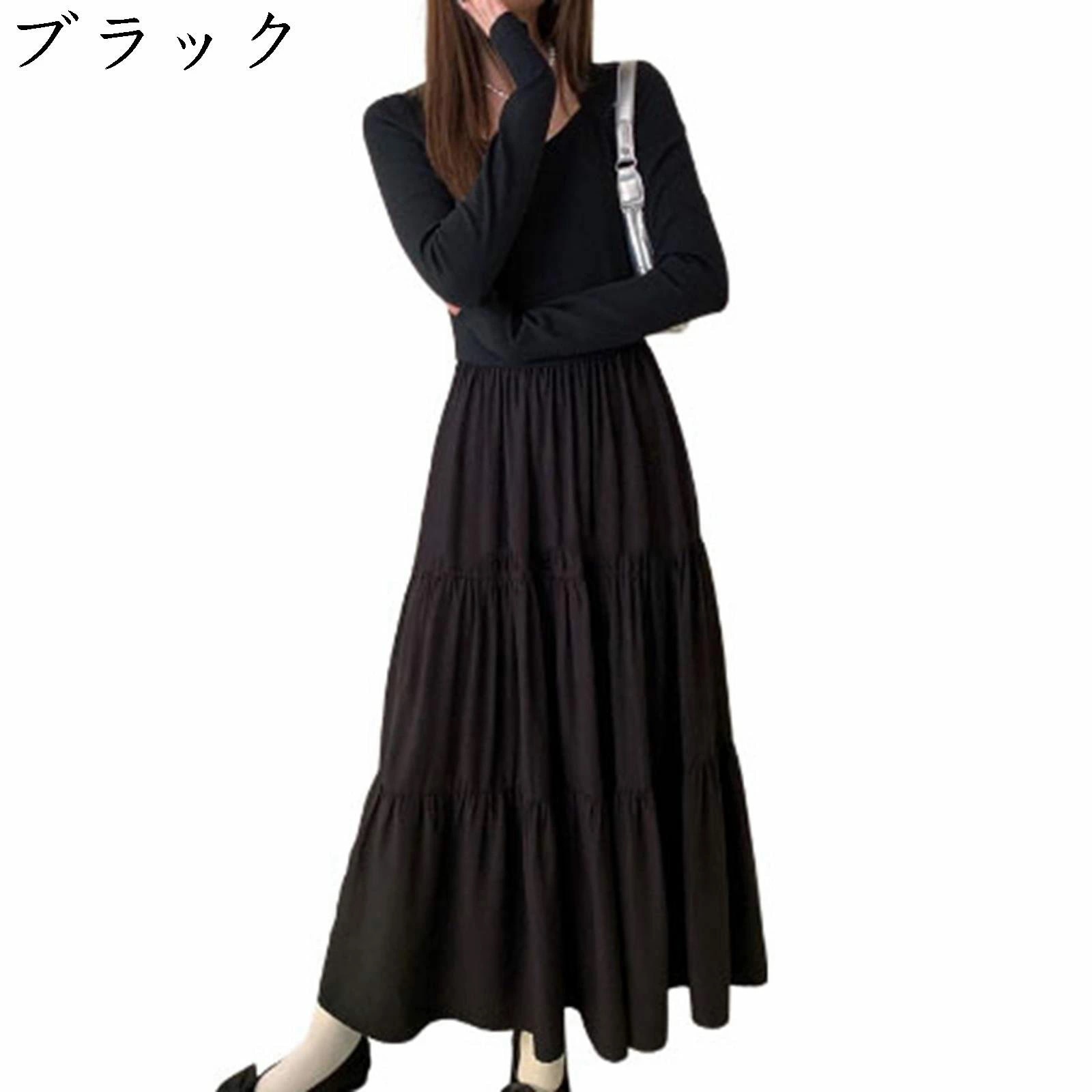 黒 ニットワンピース レディース ロングワンピース ミモレ 優しい きれいめ 韓国風 春 秋冬 暖かい 防風 防寒 細身 着痩せ aラインワンピース ストレッチ 普段着 お出かけ 通学 通勤 デート