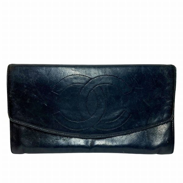 シャネル ブラック レザー ココマーク ヴィンテージ 長財布 レディース【中古】