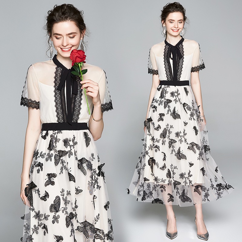 Aライン バタフライ レースドレス ハイウエスト バイカラー b439