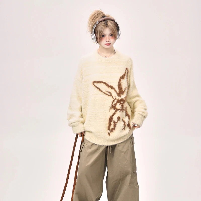 上品 長袖 ストリートコルシルエットファッション色っぽ女っぽカジュアル大人っぽ 秋冬 レディースプルゆったり春 サイズフェミニンゆったり トップスプリントロング丈 韓国っぽラビットニット 2025