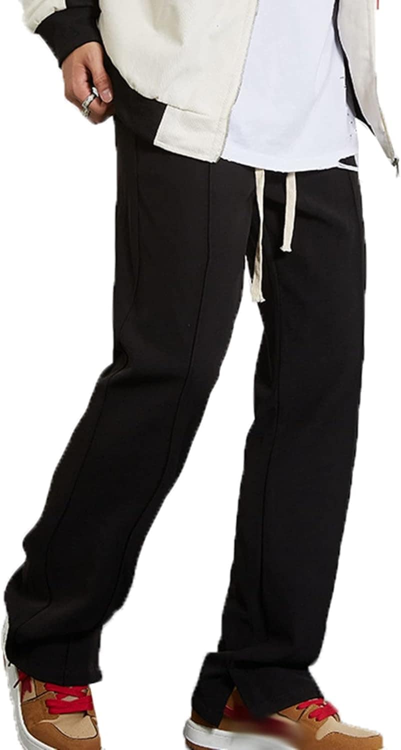 イージーパンツ 裾スリット メンズ ロングパンツ ブラック シンプル 無地 ウエスト調整 ソフト 柔らかい リラックス 長ズボン ルーズ ハイストリート 脚長 着痩せ デイリーユース コンサ