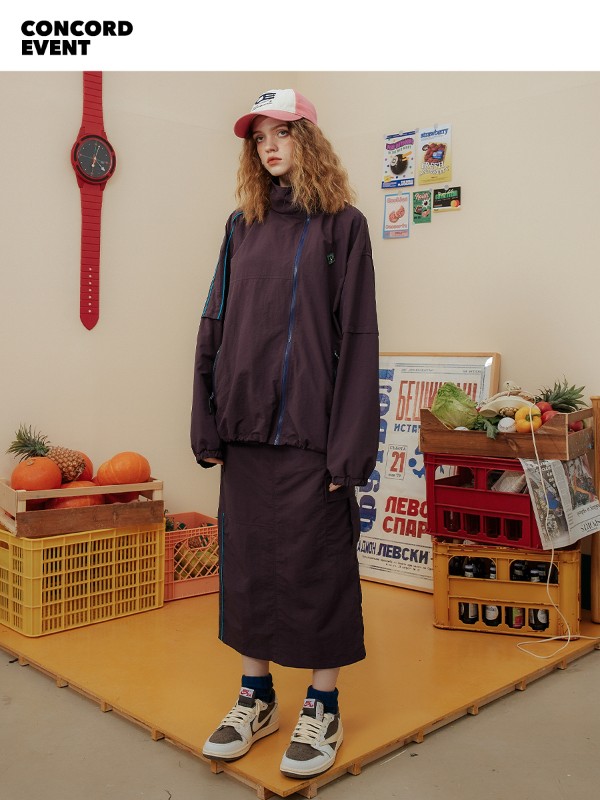 ConE 軽量 春と秋 2024 コントラストカラー ストライプポケット ワークウェアスタイル カジュアル ミディアムローウエスト スリット ストレート ロングスカート レディース