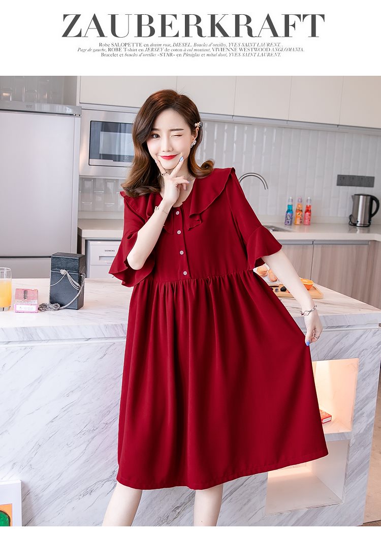 マタニティ ワンピース マタニティウェア 人気 おすすめ 春夏 ひざ丈 赤 レッド フリル 前あき 前ボタン フェミニン フレア 無地 体型カバー 5分袖 ふんわり 授乳 ガーリー 可愛い カジュアル