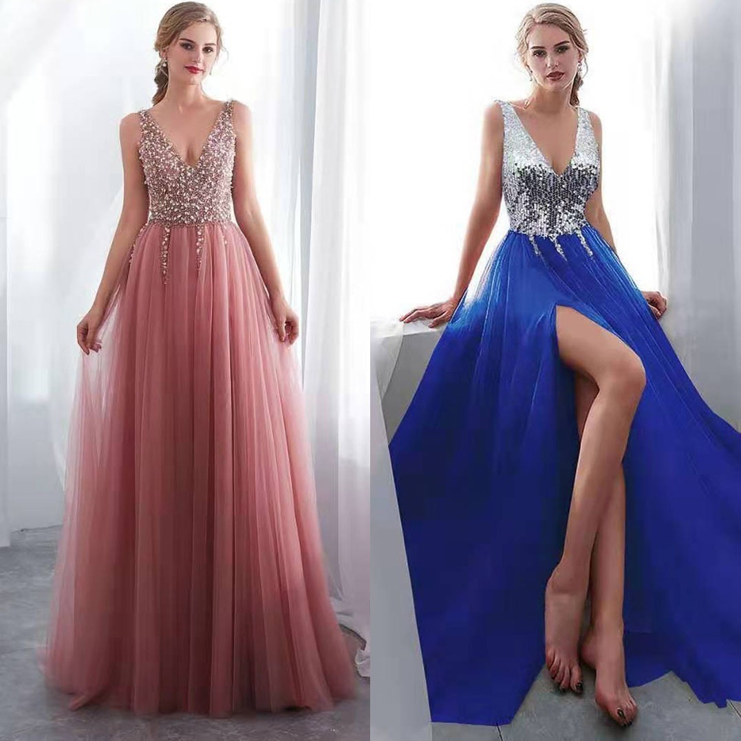 ピンク刺繡スパンコールセクシーディープVロングドレスイブニングドレス 母の日