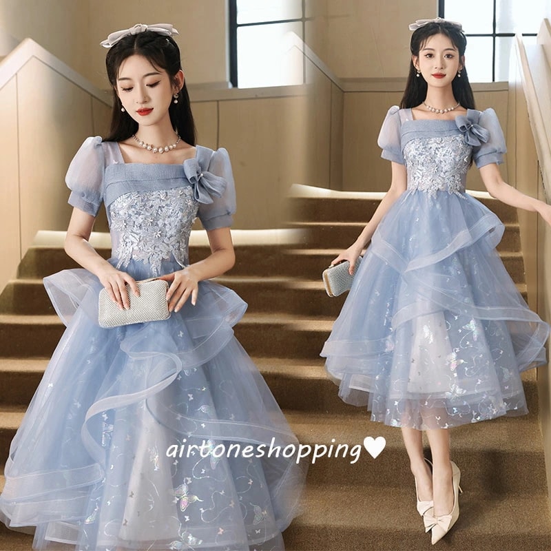 結婚式ドレス 二次会ドレス ブルー ミモレ丈ドレス リボン 花柄 フレア フリル 可愛い ミディアム丈 パーティードレス ロングドレス イブニングドレス 水色 発表会ドレス 20代 30代 Aライン 5,625円