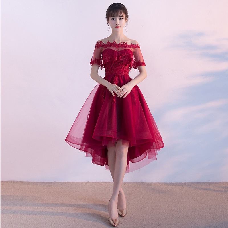 1858.刺繍レースフィッシュテールドレス（レッド）2019 春夏 sale 春夏 sale ワンピース ノースリーブ フレア オフショルダー シースルー お呼ばれ パーティー 結婚式 披露宴 二次会