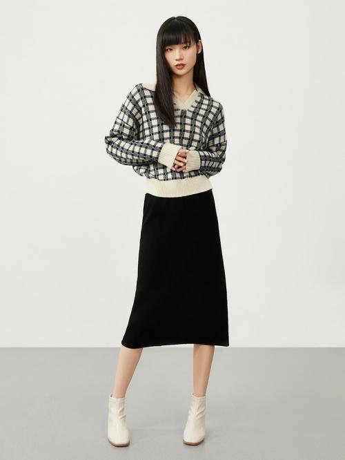 ニット セーター レディース 冬 プルオーバー 襟付 ショート丈 トップス 長袖 カジュアル 柔らかい 快適 格子縞 黒 白 大きいサイズ おしゃれ