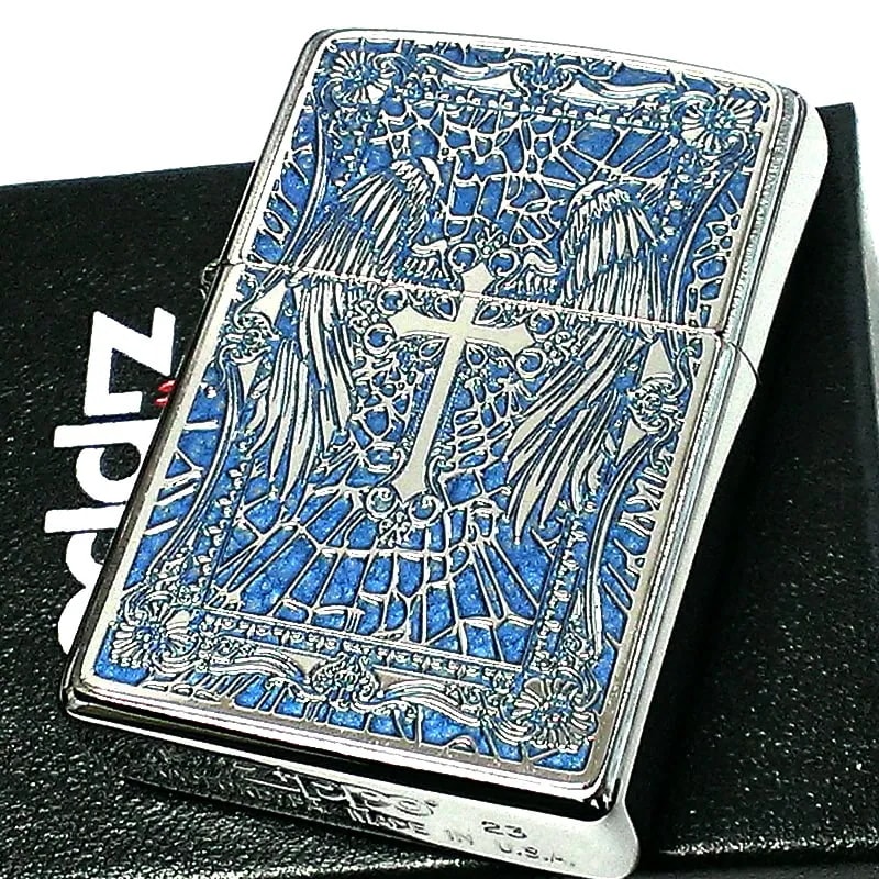 ZIPPO ライター エンジェルクロス ブルー ジッポロゴ 十字架 おしゃれ 天使の羽 かっこいい 両面柄違い加工 細密メタル おしゃれ ギフト プレゼント メンズ