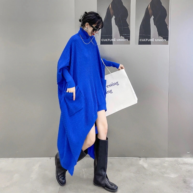 [急速出荷]ニットワンピース カバー 不規則 レディース 春秋 ロングセーター ロングニット タートルネック