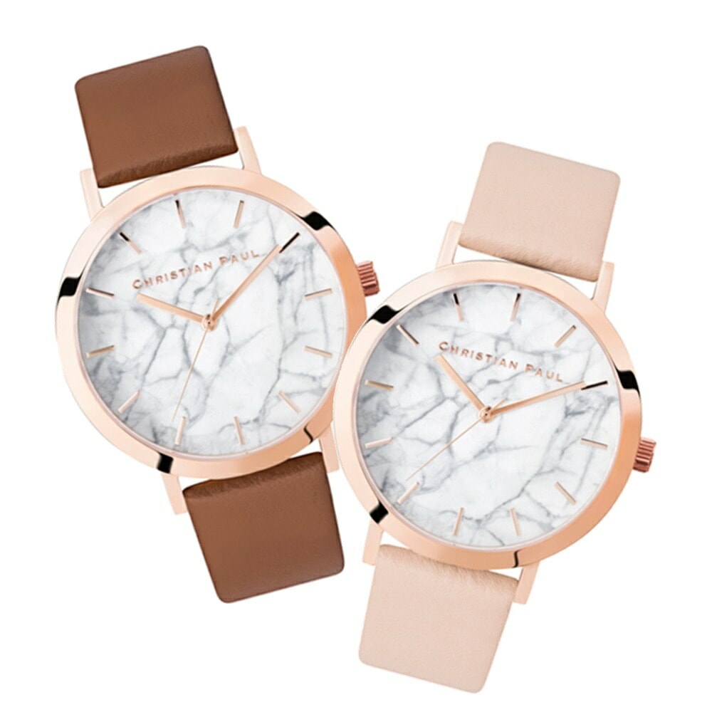日本正規品 クリスチャンポール ペアウォッチ ペア 腕時計 手表 ブラウン ベビーピンク 革ベルト レザー 43ミリ 同サイズ カップル お揃い プレゼント ペア腕時計 誕生日 結婚式 結婚記念日 結