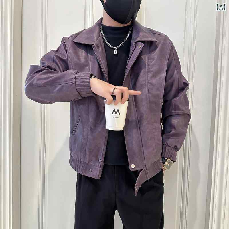 アウター メンズ カジュアル おしゃれ パープル レザージャケット 韓国 トレンディ オートバイ pu 服 秋 トレンディ カジュアル レザージャケット 7,940円
