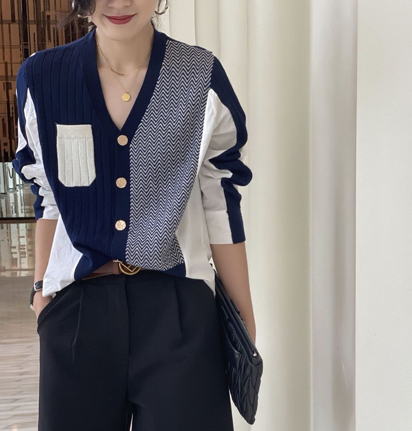 デート モテアイテム ブラウス カットソー 長袖 Vネック ミドルネック 切り替えデザイン ポケット 前開き 可愛い きれいめ 上品 おしゃれ かっこいい 可愛い ラブリー キュート ガーリー