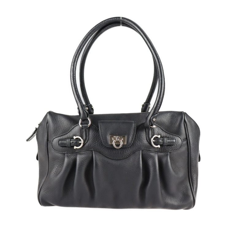 美品 Salvatore Ferragamo サルヴァトーレ フェラガモ ガンチーニ ハンドバッグ 21 6880 レザー ブラック シルバー金具 ショルダーバッグ【本物保証】